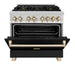 ZLINE Autograph Edition 36 in. 4.6 cu. ft. Legacy Dual Fuel Range with 6 Burner Gas Cooktop and Electric Convection Oven in Stainless Steel with Black Matte Door and Polished Gold Accents (RAZ-BLM-36-G)