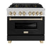 ZLINE Autograph Edition 36 in. 4.6 cu. ft. Legacy Dual Fuel Range with 6 Burner Gas Cooktop and Electric Convection Oven in Stainless Steel with Black Matte Door and Polished Gold Accents (RAZ-BLM-36-G)