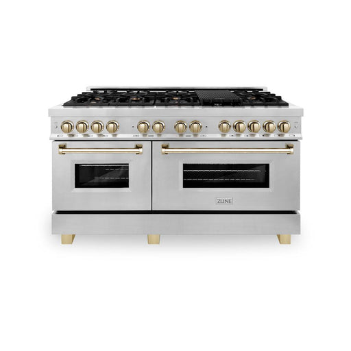 ZLINE Autograph Edition 60 in. 7.4 cu. ft. Legacy Dual Fuel Range with 9 Burner Gas Cooktop and 2 Electric Convection Ovens in Stainless Steel and Polished Gold Accents (RAZ-60-G)