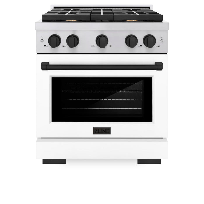 ZLINE Autograph Edition 30 in. 4.2 cu. ft. Paramount Dual Fuel Range with 4 Burner Gas Cooktop and Electric Convection Oven in Stainless Steel with White Matte Door and Matte Black Accents (SDRZ-WM-30-MB)