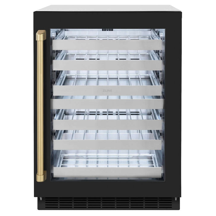 ZLINE Autograph Edition 24 in. Touchstone Dual Zone 44 Bottle Wine Cooler with Black Matte Glass Door and Champagne Bronze Handle (RWDOZ-BLM-24-CB)