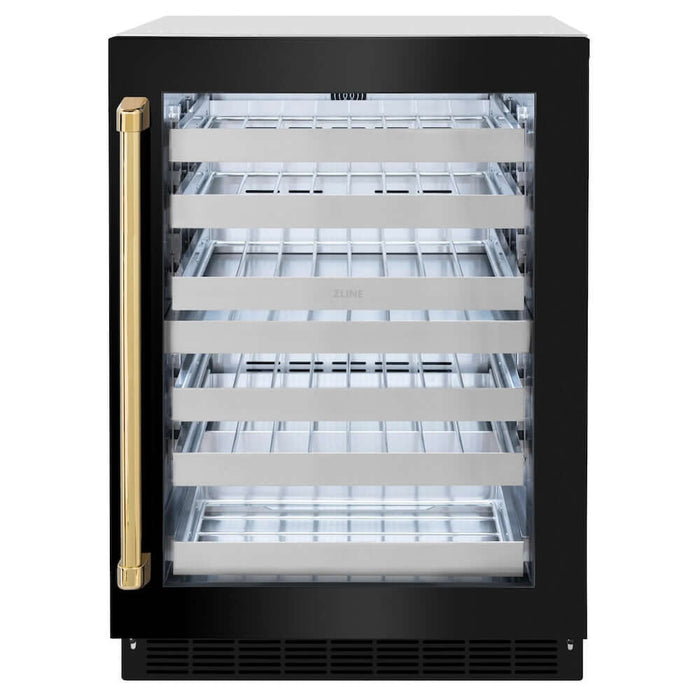 ZLINE Autograph Edition 24 in. Touchstone Dual Zone 44 Bottle Wine Cooler with Black Stainless Steel Glass Door and Polished Gold Handle (RWDOZ-BS-24-G)