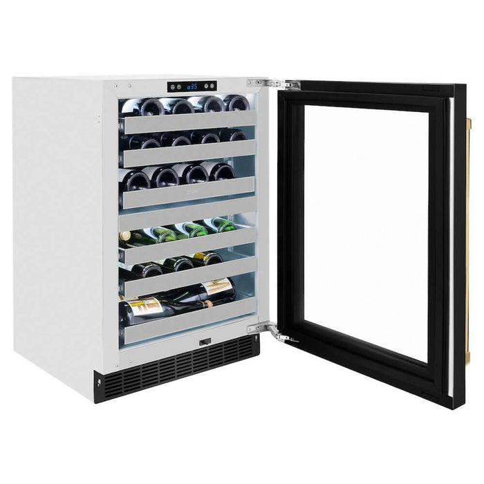 ZLINE Autograph Edition 24 in. Touchstone Dual Zone 44 Bottle Wine Cooler with Black Stainless Steel Glass Door and Polished Gold Handle (RWDOZ-BS-24-G)