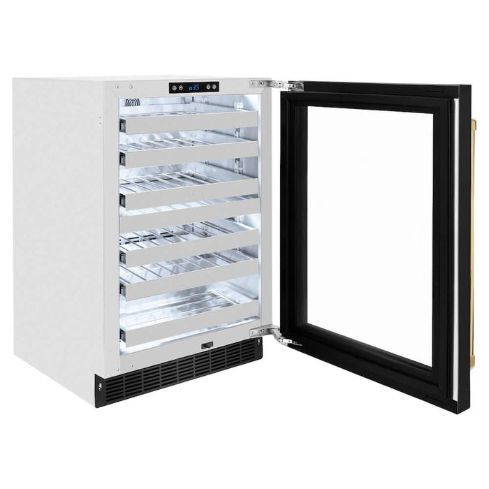 ZLINE Autograph Edition 24 in. Touchstone Dual Zone 44 Bottle Wine Cooler with Black Stainless Steel Glass Door and Polished Gold Handle (RWDOZ-BS-24-G)