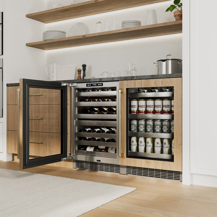 ZLINE Autograph Edition 24 in. Touchstone Dual Zone 44 Bottle Wine Cooler with Panel Ready Glass Door and Champagne Bronze Handle (RWDPOZ-24-CB)