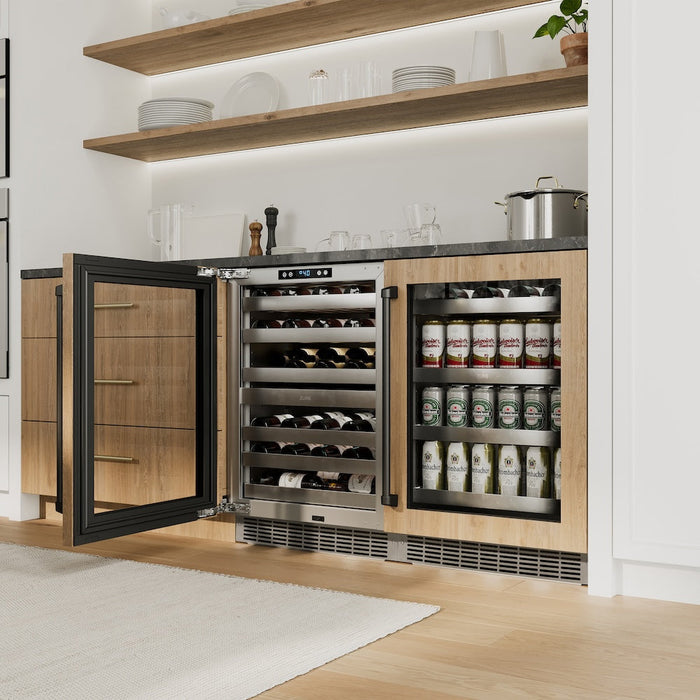ZLINE Autograph Edition 24 in. Touchstone Dual Zone 44 Bottle Wine Cooler with Panel Ready Glass Door and Matte Black Handle (RWDPOZ-24-MB)