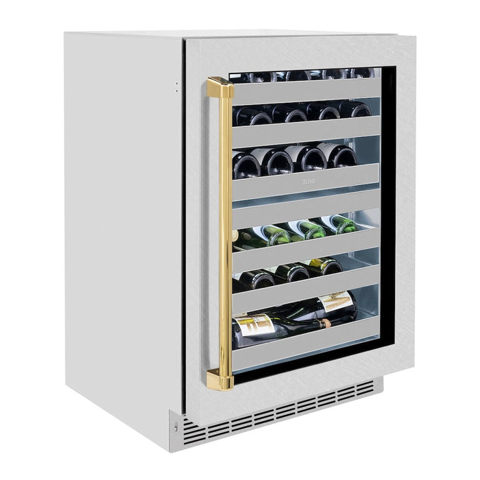 ZLINE Autograph Edition 24 in. Touchstone Dual Zone 44 Bottle Wine Cooler with Satin Stainless Steel Glass Door and Polished Gold Handle (RWDOZ-SN-24-G)