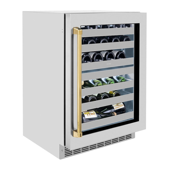 ZLINE Autograph Edition 24 in. Touchstone Dual Zone 44 Bottle Wine Cooler with Stainless Steel Glass Door and Polished Gold Handle (RWDOZ-GS-24-G)