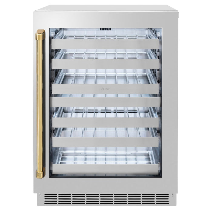 ZLINE Autograph Edition 24 in. Touchstone Dual Zone 44 Bottle Wine Cooler with Stainless Steel Glass Door and Polished Gold Handle (RWDOZ-GS-24-G)
