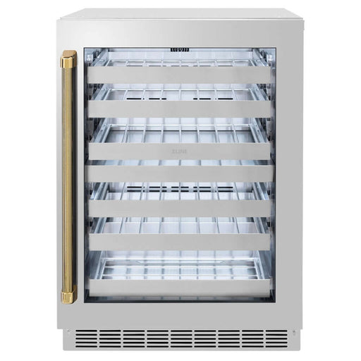 ZLINE Autograph Edition 24 in. Touchstone Dual Zone 44 Bottle Wine Cooler with Stainless Steel Glass Door and Polished Gold Helix Handle (RWDOZS-24-KG)