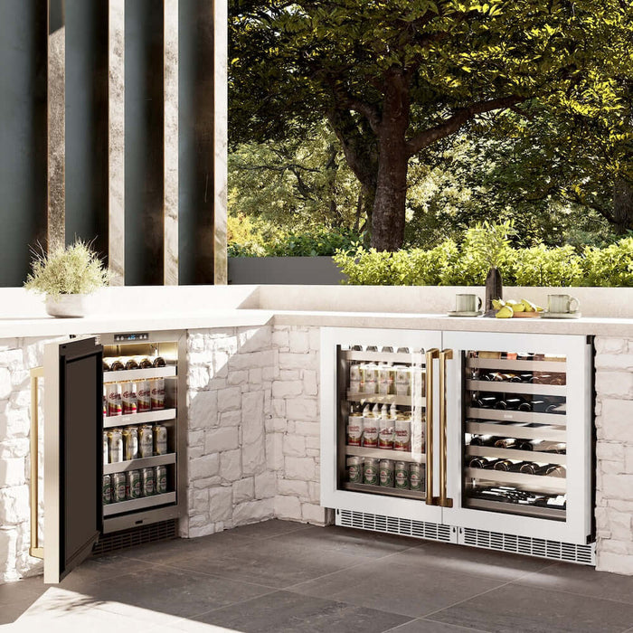 ZLINE Autograph Edition 24 in. Touchstone Dual Zone 44 Bottle Wine Cooler with White Matte Glass Door and Polished Gold Handle (RWDOZ-WM-24-G)