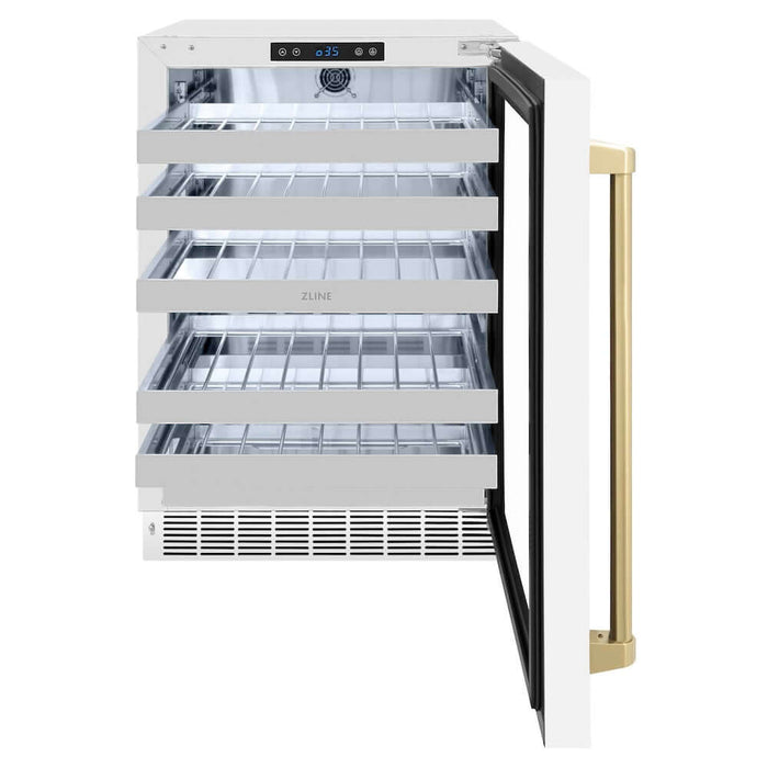 ZLINE Autograph Edition 24 in. Touchstone Dual Zone 44 Bottle Wine Cooler with White Matte Glass Door and Champagne Bronze Handle (RWDOZ-WM-24-CB)