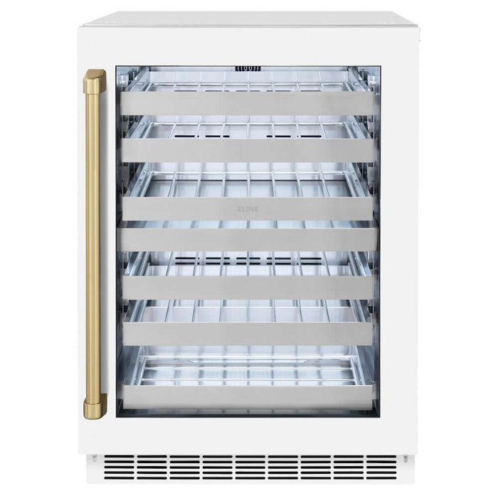 ZLINE Autograph Edition 24 in. Touchstone Dual Zone 44 Bottle Wine Cooler with White Matte Glass Door and Champagne Bronze Handle (RWDOZ-WM-24-CB)