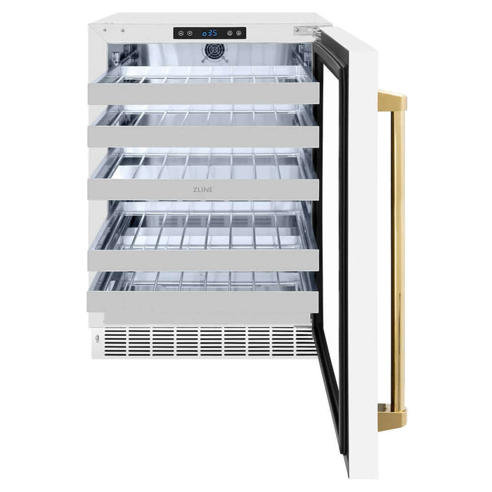 ZLINE Autograph Edition 24 in. Touchstone Dual Zone 44 Bottle Wine Cooler with White Matte Glass Door and Polished Gold Handle (RWDOZ-WM-24-G)