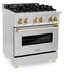 ZLINE Autograph Edition 30 in. 4.0 cu. ft. Legacy Dual Fuel Range with 4 Burner Gas Cooktop and Electric Convection Oven in Stainless Steel and Polished Gold Accents (RAZ-30-G)