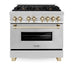 ZLINE Autograph Edition 36 in. 4.6 cu. ft. Legacy Dual Fuel Range with 6 Burner Gas Cooktop and Electric Convection Oven in Stainless Steel and Polished Gold Accents (RAZ-36-G)