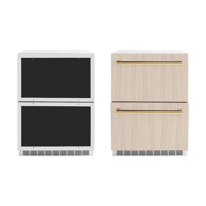 ZLINE Autograph Edition 24 in. Touchstone 168 Can Outdoor-Rated Dual Refrigerator Drawer with Panel-Ready Doors and Polished Gold Handles (RDSPOZ-24-G)