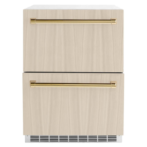 ZLINE Autograph Edition 24 in. Touchstone 168 Can Outdoor-Rated Dual Refrigerator Drawer with Panel-Ready Doors and Polished Gold Handles (RDSPOZ-24-G)
