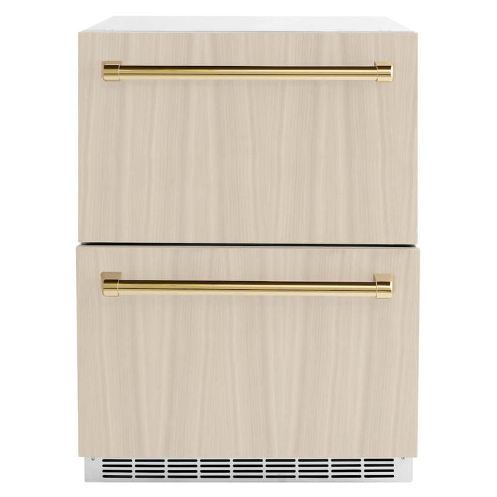 ZLINE Autograph Edition 24 in. Touchstone 168 Can Outdoor-Rated Dual Refrigerator Drawer with Panel-Ready Doors and Polished Gold Handles (RDSPOZ-24-G)