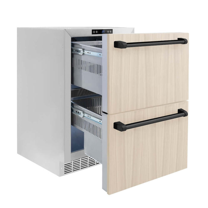 ZLINE Autograph Edition 24 in. Touchstone 168 Can Outdoor-Rated Dual Refrigerator Drawer with Panel-Ready Doors and Matte Black Handles (RDSPOZ-24-MB)