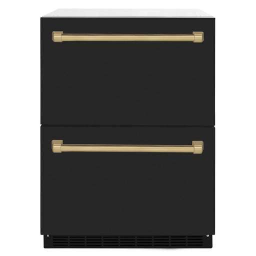 ZLINE Autograph Edition 24 in. Touchstone 168 Can Outdoor-Rated Dual Refrigerator Drawer with Black Matte Doors and Champagne Bronze Handles (RDSOZ-BLM-24-CB)