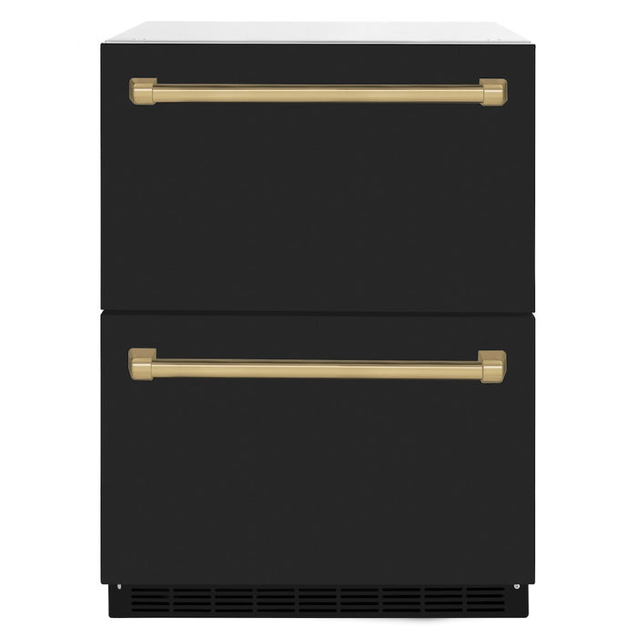 ZLINE Autograph Edition 24 in. Touchstone 168 Can Outdoor-Rated Dual Refrigerator Drawer with Black Matte Doors and Champagne Bronze Handles (RDSOZ-BLM-24-CB)