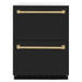 ZLINE Autograph Edition 24 in. Touchstone 168 Can Outdoor-Rated Dual Refrigerator Drawer with Black Matte Doors and Champagne Bronze Handles (RDSOZ-BLM-24-CB)