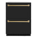 ZLINE Autograph Edition 24 in. Touchstone 168 Can Outdoor-Rated Dual Refrigerator Drawer with Black Matte Doors and Polished Gold Handles (RDSOZ-BLM-24-G)