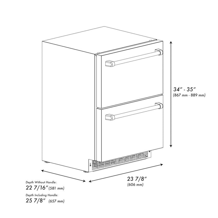 ZLINE Autograph Edition 24 in. Touchstone 168 Can Outdoor-Rated Dual Refrigerator Drawer with Stainless Steel Doors and Polished Gold Helix Handles (RDSOZ-ST-24-KG)