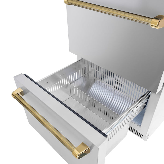 ZLINE Autograph Edition 24 in. Touchstone 168 Can Outdoor-Rated Dual Refrigerator Drawer with Stainless Steel Doors and Polished Gold Helix Handles (RDSOZ-ST-24-KG)