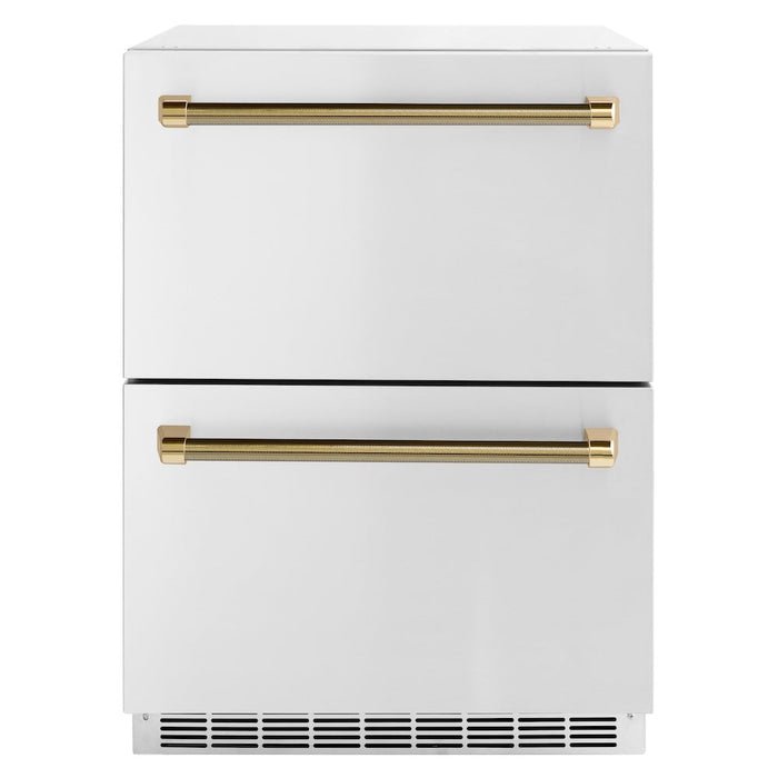ZLINE Autograph Edition 24 in. Touchstone 168 Can Outdoor-Rated Dual Refrigerator Drawer with Stainless Steel Doors and Polished Gold Helix Handles (RDSOZ-ST-24-KG)