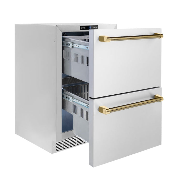 ZLINE Autograph Edition 24 in. Touchstone 168 Can Outdoor-Rated Dual Refrigerator Drawer with Stainless Steel Doors and Polished Gold Helix Handles (RDSOZ-ST-24-KG)