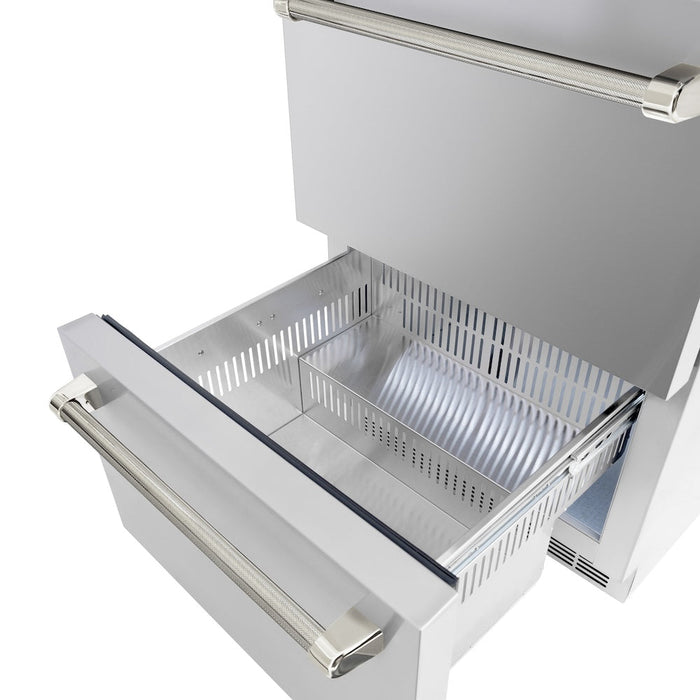 ZLINE Autograph Edition 24 in. Touchstone 168 Can Outdoor-Rated Dual Refrigerator Drawer with Stainless Steel Doors and Polished Nickel Helix Handles (RDSOZ-ST-24-KPN)