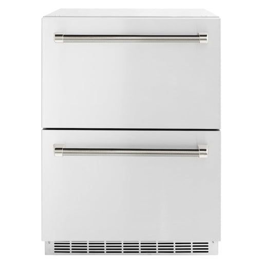 ZLINE Autograph Edition 24 in. Touchstone 168 Can Outdoor-Rated Dual Refrigerator Drawer with Stainless Steel Doors and Polished Nickel Helix Handles (RDSOZ-ST-24-KPN)