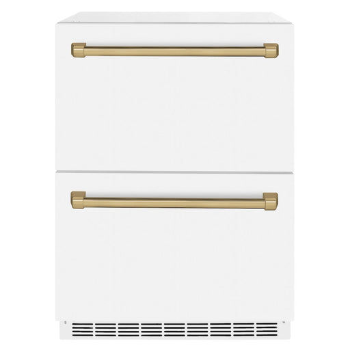 ZLINE Autograph Edition 24 in. Touchstone 168 Can Outdoor-Rated Dual Refrigerator Drawer with White Matte Doors and Champagne Bronze Handles (RDSOZ-WM-24-CB)