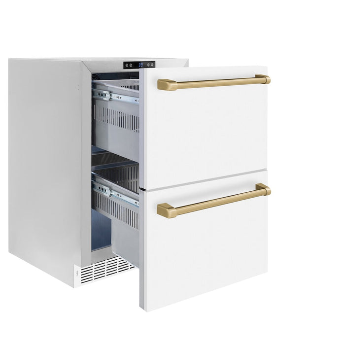 ZLINE Autograph Edition 24 in. Touchstone 168 Can Outdoor-Rated Dual Refrigerator Drawer with White Matte Doors and Champagne Bronze Handles (RDSOZ-WM-24-CB)