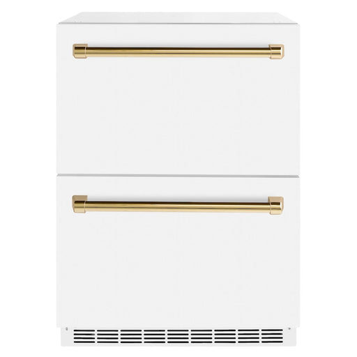 ZLINE Autograph Edition 24 in. Touchstone 168 Can Outdoor-Rated Dual Refrigerator Drawer with White Matte Doors and Polished Gold Handles (RDSOZ-WM-24-G)