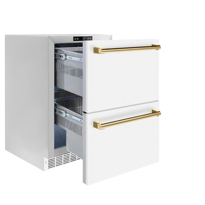 ZLINE Autograph Edition 24 in. Touchstone 168 Can Outdoor-Rated Dual Refrigerator Drawer with White Matte Doors and Polished Gold Handles (RDSOZ-WM-24-G)