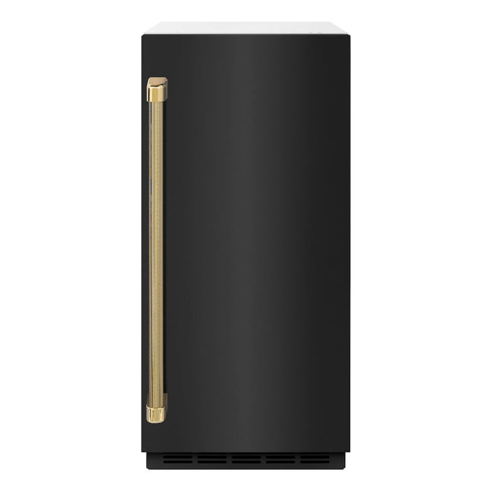 ZLINE Autograph Edition 15 in. Touchstone Clear Cube Ice Maker with Drain Pump and Black Stainless Steel Door with Polished Gold Helix Handle (ICCDZ-BS-15-KG)
