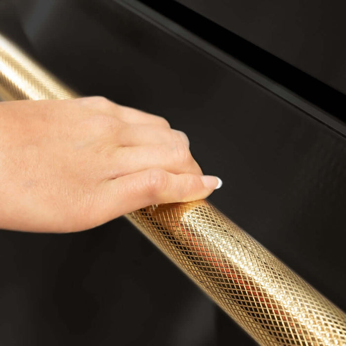 ZLINE Autograph Edition 36 in. 21.6 cu. ft. Counter-Depth French Door Refrigerator with Water and Ice Dispenser in Fingerprint-Resistant Black Stainless Steel with Polished Gold Helix Handles (RFMZ-W-36-BS-KG)