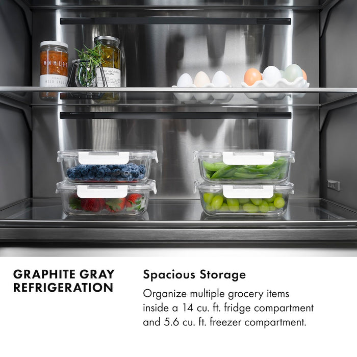 ZLINE Autograph Edition 36 in. 19.6 cu. ft. French Door Built-In Bottom Freezer Refrigerator with Water Dispenser and Ice Maker in Black Stainless Steel with Graphite Gray Interior and Polished Gold Accents (GRBIVZ-BS-36-G)