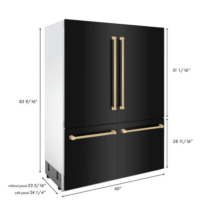ZLINE 60" Autograph Edition 32.2 cu. ft. Built-in 4-Door French Door Refrigerator with Internal Water and Ice Dispenser in Black Stainless Steel with Champagne Bronze Accents RBIVZ-BS-60-CB