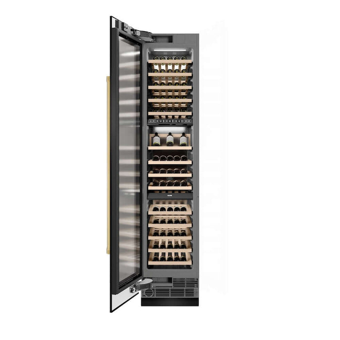 ZLINE Autograph Edition 18 in. 9.0 cu. ft. Triple Zone 68 Bottle Left Hinge Column Wine Cooler in Black Stainless Steel with Polished Gold Accents (RCWVLZ-BS-18-G)