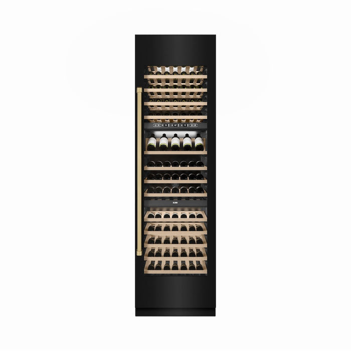 ZLINE Autograph Edition 24 in. 12.4 cu. ft. Triple Zone 100 Bottle Column Wine Cooler in Black Stainless Steel and Champagne Bronze Accents (RCWVZ-BS-24-CB)