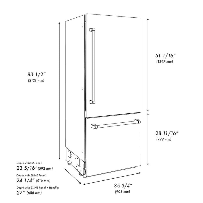 ZLINE Autograph Edition 36 in. 19.8 cu. ft. Built-In Bottom Freezer Refrigerator with Water Dispenser and Ice Maker in Black Stainless Steel with Graphite Gray Interior and Polished Gold Helix Handles (GRBITZ-BS36-KG)