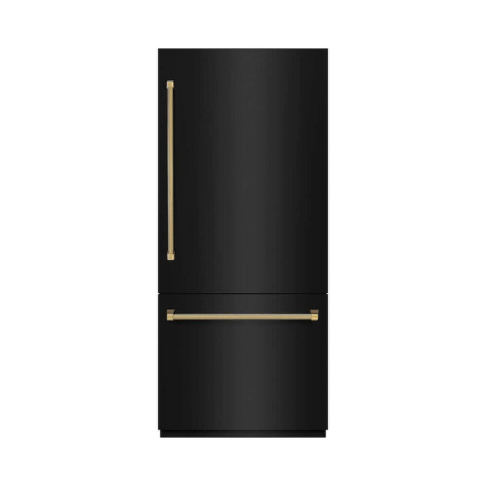 ZLINE Autograph Edition 36 in. 19.8 cu. ft. Built-In Bottom Freezer Refrigerator with Water Dispenser and Ice Maker in Black Stainless Steel with Graphite Gray Interior and Polished Gold Helix Handles (GRBITZ-BS36-KG)