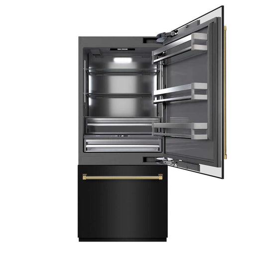 ZLINE Autograph Edition 36 in. 19.8 cu. ft. Built-In Bottom Freezer Refrigerator with Water Dispenser and Ice Maker in Black Stainless Steel with Graphite Gray Interior and Polished Gold Helix Handles (GRBITZ-BS36-KG)