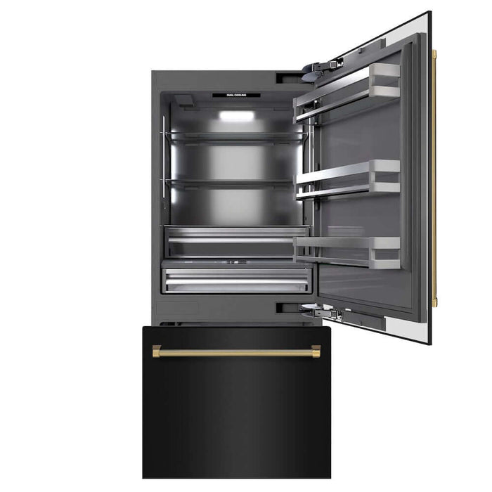 ZLINE Autograph Edition 36 in. 19.8 cu. ft. Built-In Bottom Freezer Refrigerator with Water Dispenser and Ice Maker in Black Stainless Steel with Graphite Gray Interior and Polished Gold Helix Handles (GRBITZ-BS36-KG)
