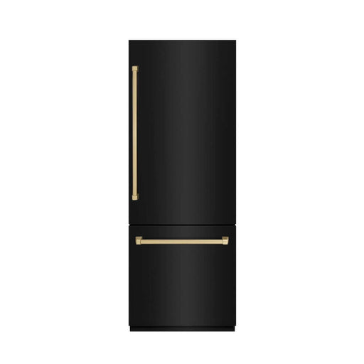 ZLINE Autograph Edition 30 in. 16.1 cu. ft. Built-In Bottom Freezer Refrigerator with Water Dispenser and Ice Maker in Black Stainless Steel with Graphite Gray Interior and Champagne Bronze Accents (GRBIVZ-BS-30-CB)