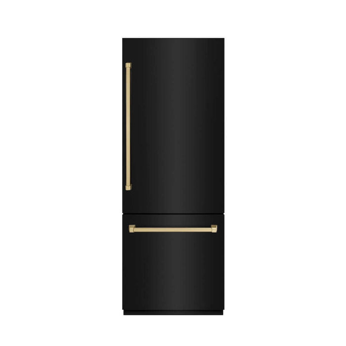 ZLINE Autograph Edition 30 in. 16.1 cu. ft. Built-In Bottom Freezer Refrigerator with Water Dispenser and Ice Maker in Black Stainless Steel with Graphite Gray Interior and Champagne Bronze Accents (GRBIVZ-BS-30-CB)